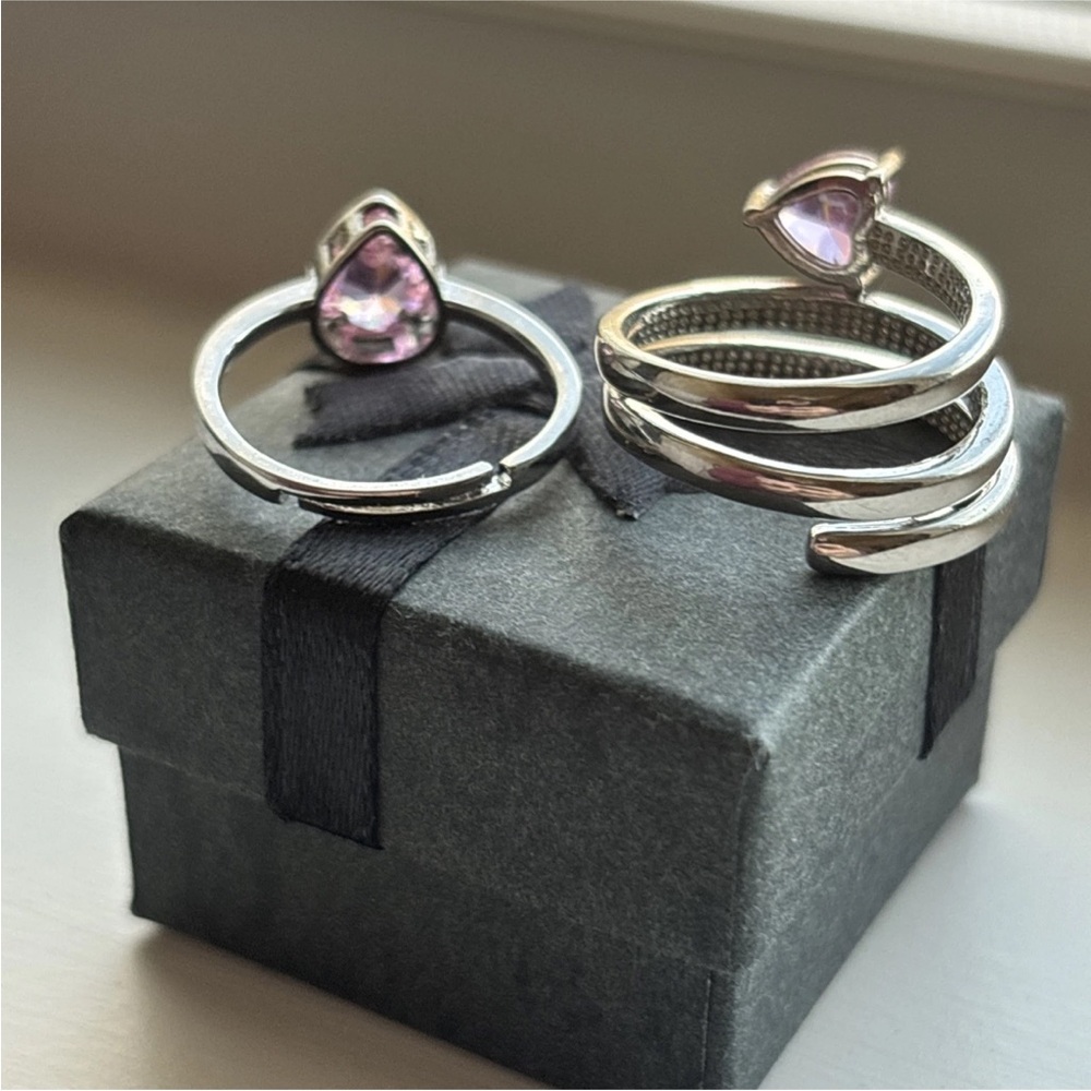 2 Piece White Gold Plated Pink Heart CZ Ring Set | Romantic Boho | Adjustable - Picture 13 of 14